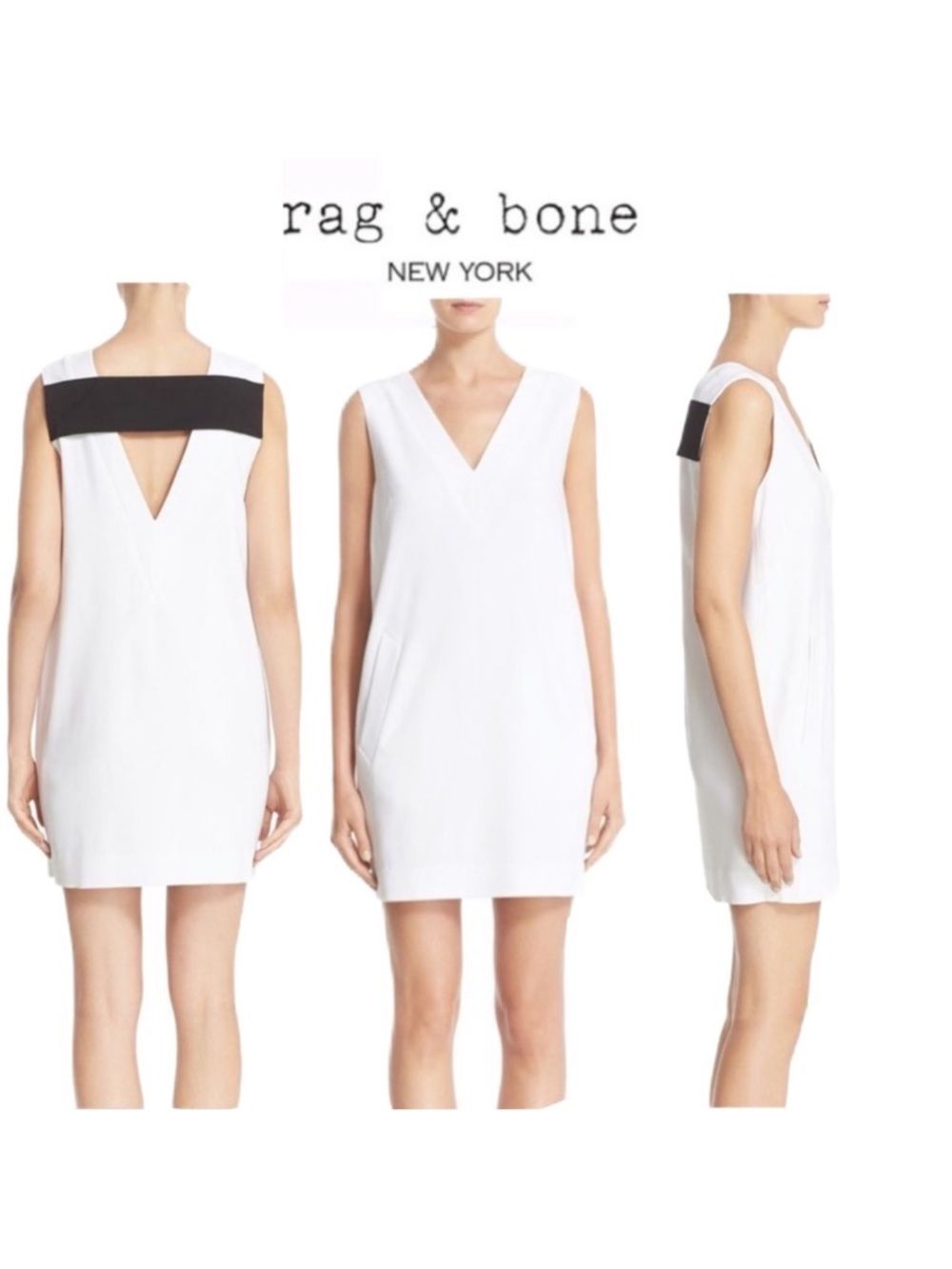 rag & bone White Sleeveless V-Neck Shift Dress with Black Back Band